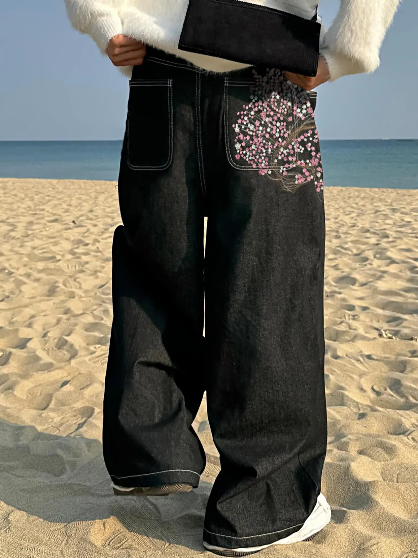 Men Raw Baggy Wide Leg Jeans, Floral Embroidery, Zipper Fly, Retro Style, Loose-Fitting, All Seasons, Y2K Hip Hop Streetwear