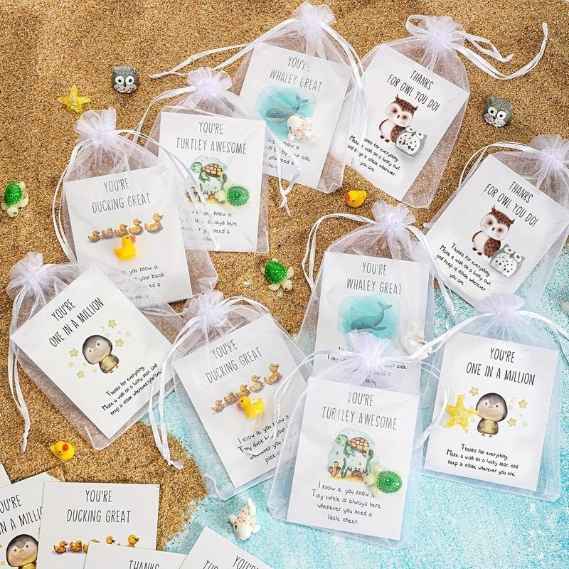 Set of 25 Inspirational Pocket Favors - Employee Appreciation Gifts Bulk for Coworkers with Animal Pun Note Cards Quality Resin Ducks Stars Whales Turtles Owls Favors Durable Card-MM