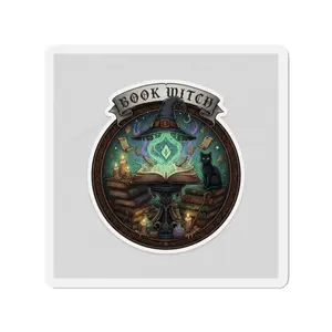 Book Witch illustration Die-Cut Magnet | Witchy Bookish Decor, Cat & Spellbook