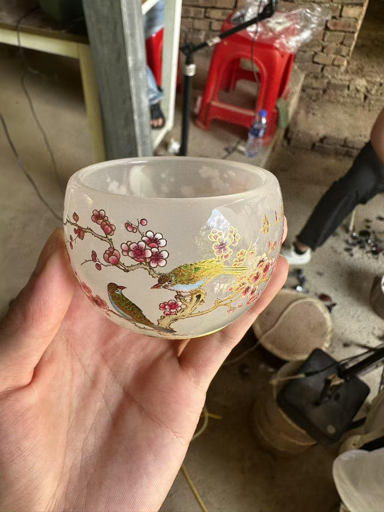 Opaque White Agate - Like Jianzhan Teacup with Plum Blossom & Birds Pattern{Special link for live only}