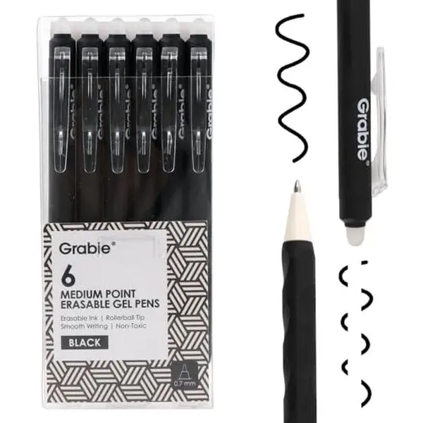 Grabie Erasable Gel Pens, Medium Point 0.7 mm Erasable Pens, Make Mistakes Disappear for Drawing Writing Planner, Pack of 6, Black