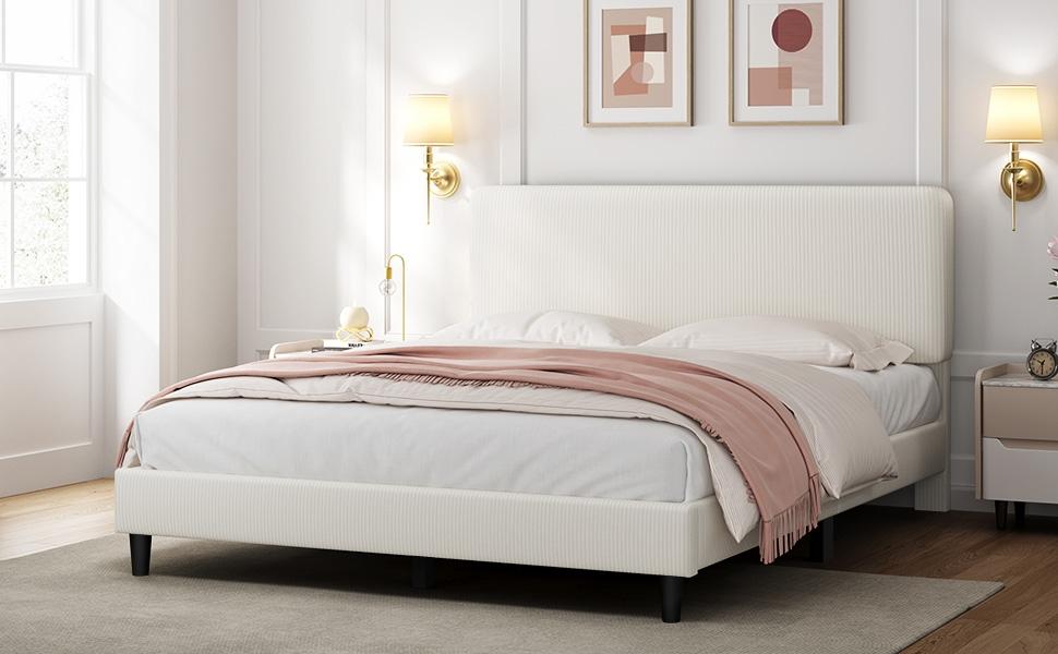 Yaheetech Bed Frames with Adjustable Headboard, Chenille Fabric Upholstered Headboard/Platform Bed, No Box Spring Needed/Wood Slats Support/Easy Assembly