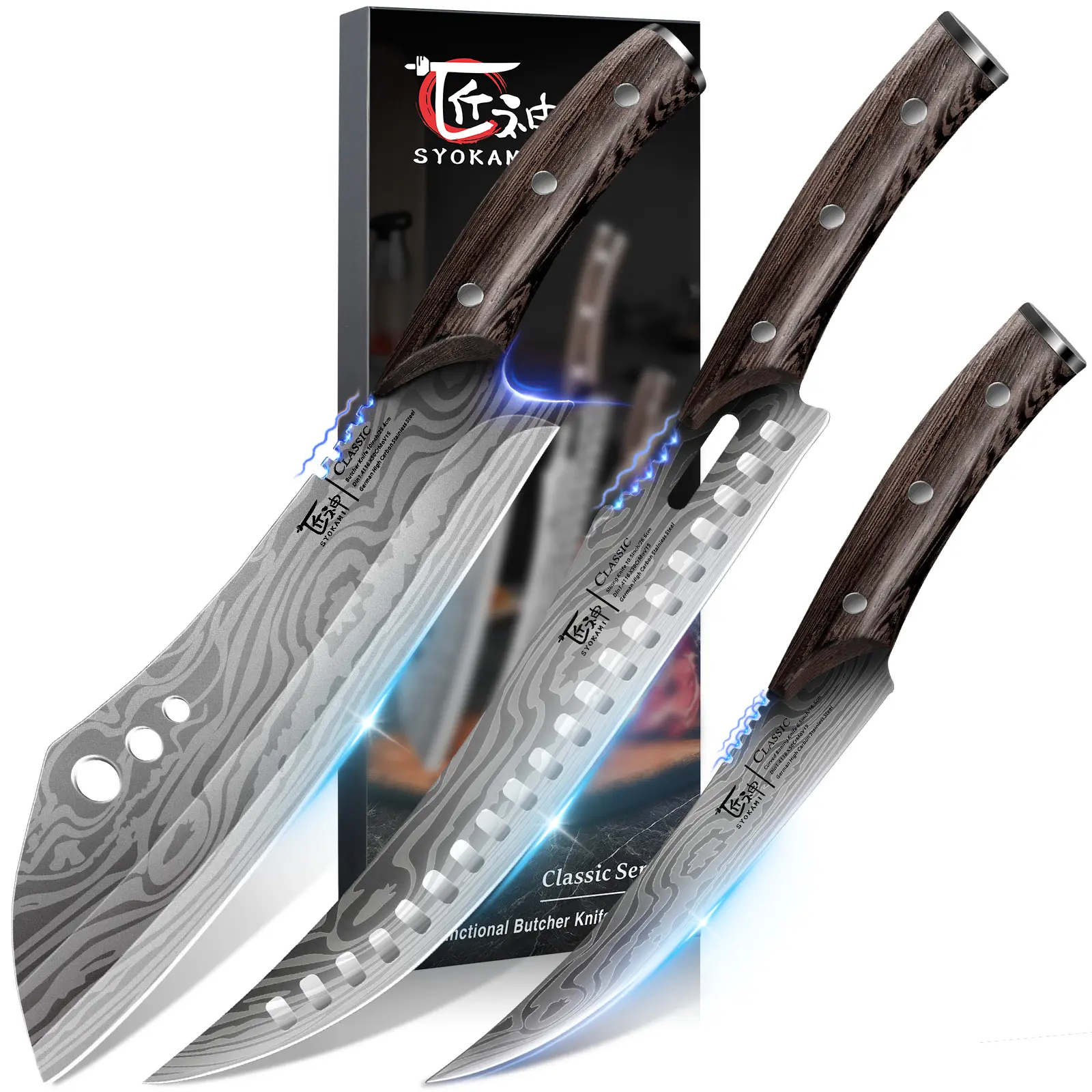 【DealsForYouDays】 SYOKAMI Butcher Knife Set, 3 PCS Kitchen Knife for Meat Cutting, Cleaver, Breaking & Boning Knife, Japanese Style High Carbon Steel Kitchen Knife for Chopping, Slicing, Deboning, Gifts for Father's Day