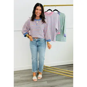 Striped Cross V Stitch Pullover Top (Reg.)-3 Colors