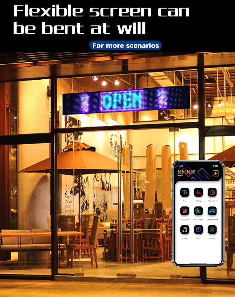 Flexible LED Signage Rolling Portable Programmable Shop Display with Custom Text Animations Doodle Patterns Music Rhythm Clock App Remote Control USB Powered IP67 Waterproof 5V 2A 10W Energy Efficient Smart Signage for Automotive Stage Live Shows Concerts