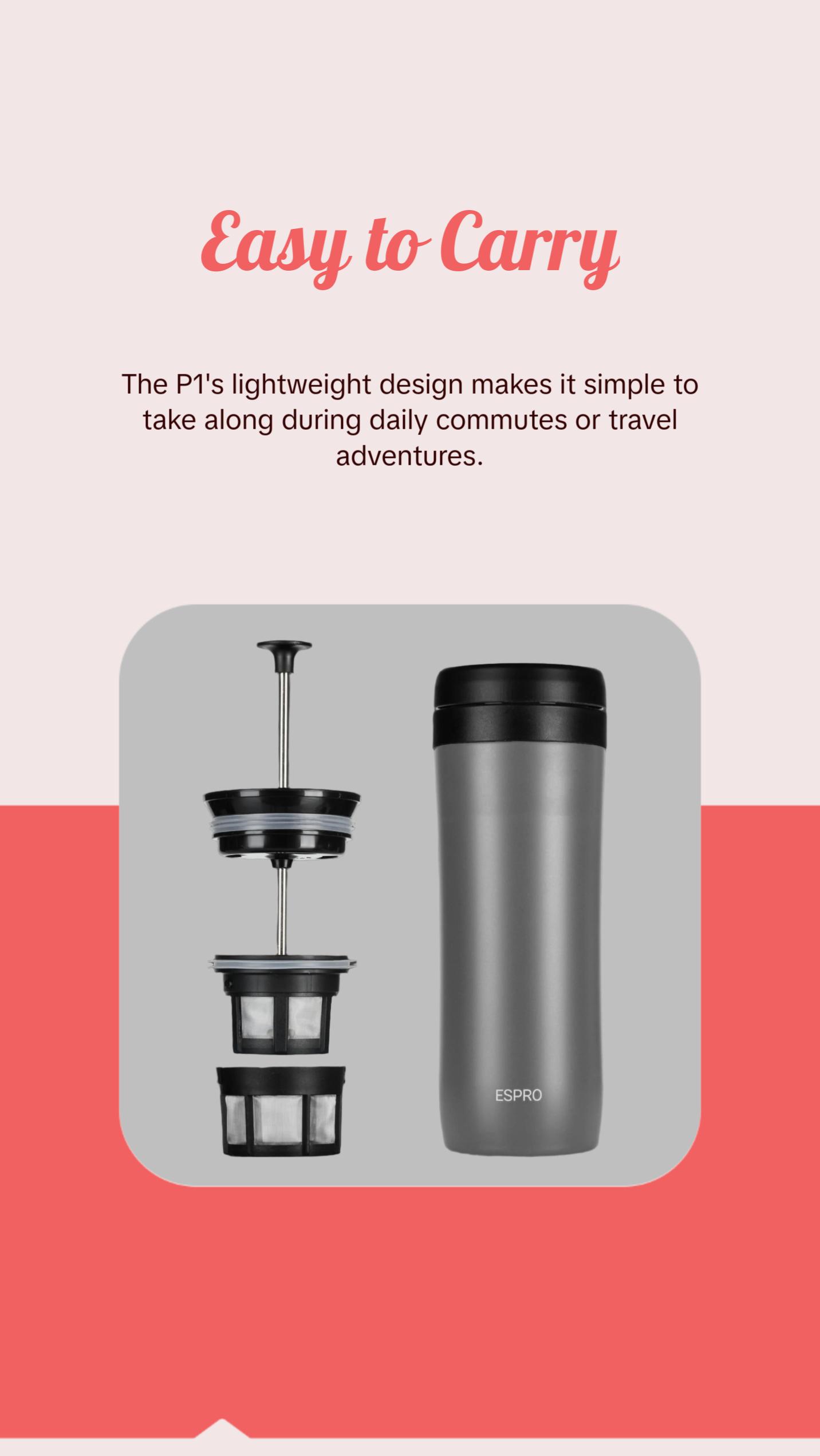 Espro P1 Travel Coffee Press - Compact French Press for Daily Commute & Travel - Portable & Stylish Design