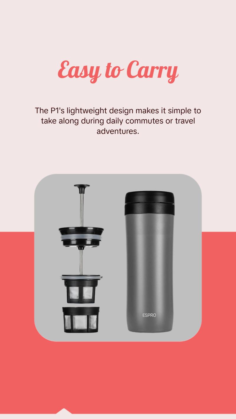 Espro P1 Travel Coffee Press - Compact French Press for Daily Commute & Travel - Portable & Stylish Design