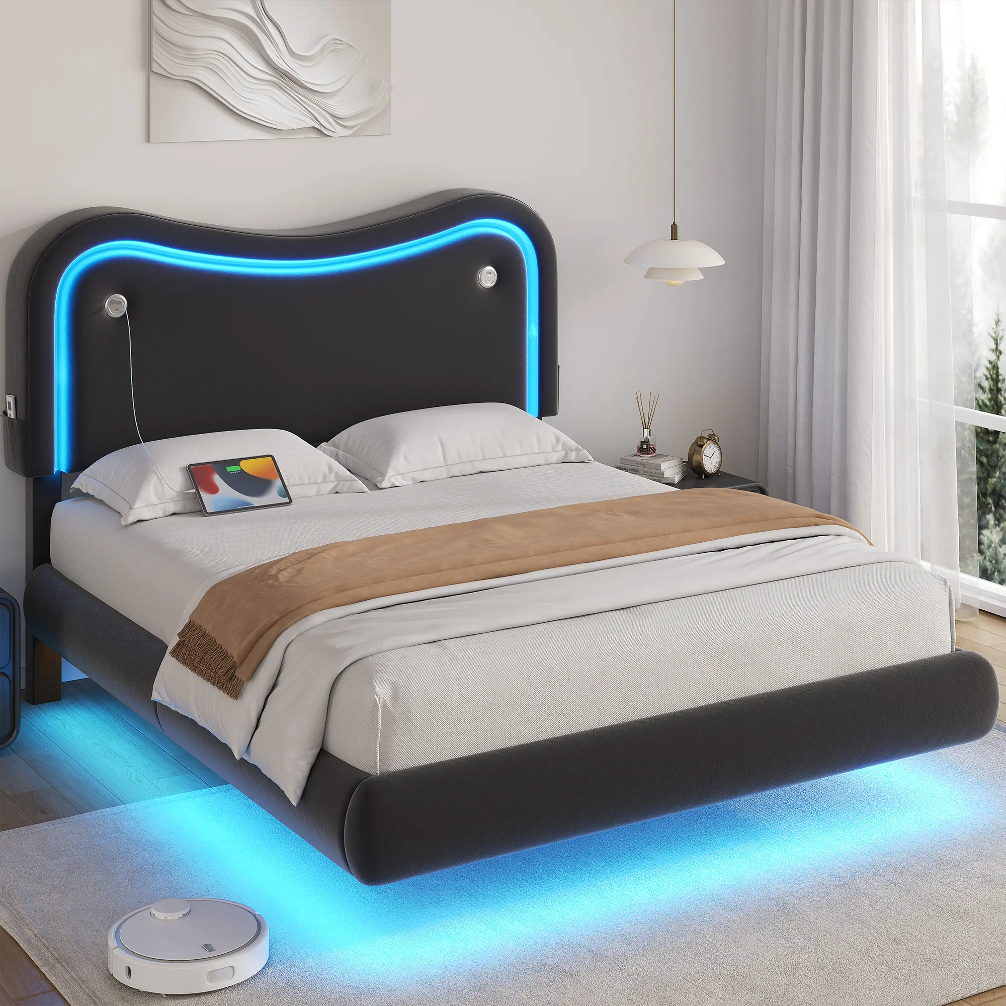 Jocoevol Bed Frame with Upholstered Headboard, Velvet Floating Platform Bed with LED Lights and Charging Station, Soft Rounded Corners, No Box Spring Needed, Easy Assembly