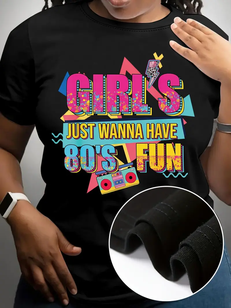 A Fun Graphic T-Shirt from The 80S, Featuring Short Sleeves And a Casual Round Neck, Perfect for Women'S Spring And Summer Wear