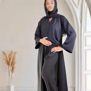 Ayeshas-Collection Black Open Front Button Down Abaya in Nida Fabric with Button Closure and Plain Design for Everyday Wear and Formal Events