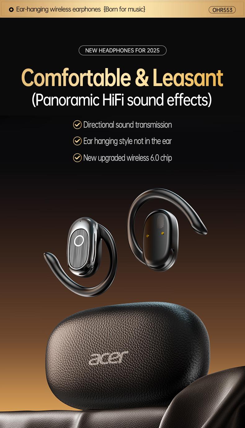 Acer OHR553 Wireless Open-Ear Headphone, Fashionable Earbuds, Wireless Gaming Earphones, HIFI Sound Quality Music Headset for Gaming Travel Sports Built-in Mic, Electronic Audio & Video Black