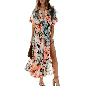 LYD Women's Summer Loose Boho Flowy Wrap V Neck 3/4 Sleeve Floral Print Slit Beach Wedding Guest Long Maxi Dresses Casual Bohemian Orange Shortsleeve Vneck Chic Elegant Flared Polyester