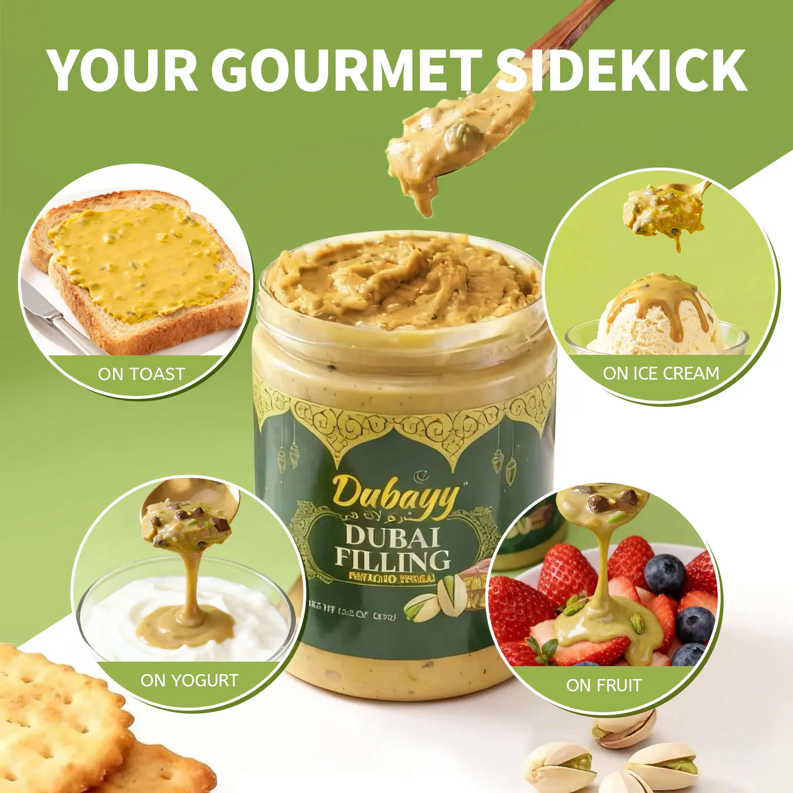 Upgraded Dubai Chocolate Jars (11.29Oz) - Dubai in a Jar, Gourmet Snack & Toast Topper, 30% Real Pistachio, Silky Texture, Crispy Kataifi, Chunky Cocoa Pieces, Quality Ingredients, Pistachio & Milk Chocolate Cream Blocks #tiktokshopbacktoschool Dessert, F