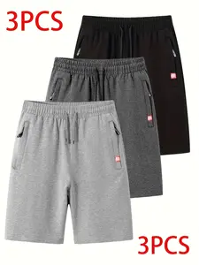 Men’s casual athletic shorts, 3-pack — zippered pockets and drawstring waist — soft polyester/polyester blend fabric, lightweight and breathable; suitable for summer running, hiking, gym workouts, and beach wear; also available as a polyester/polyester bl