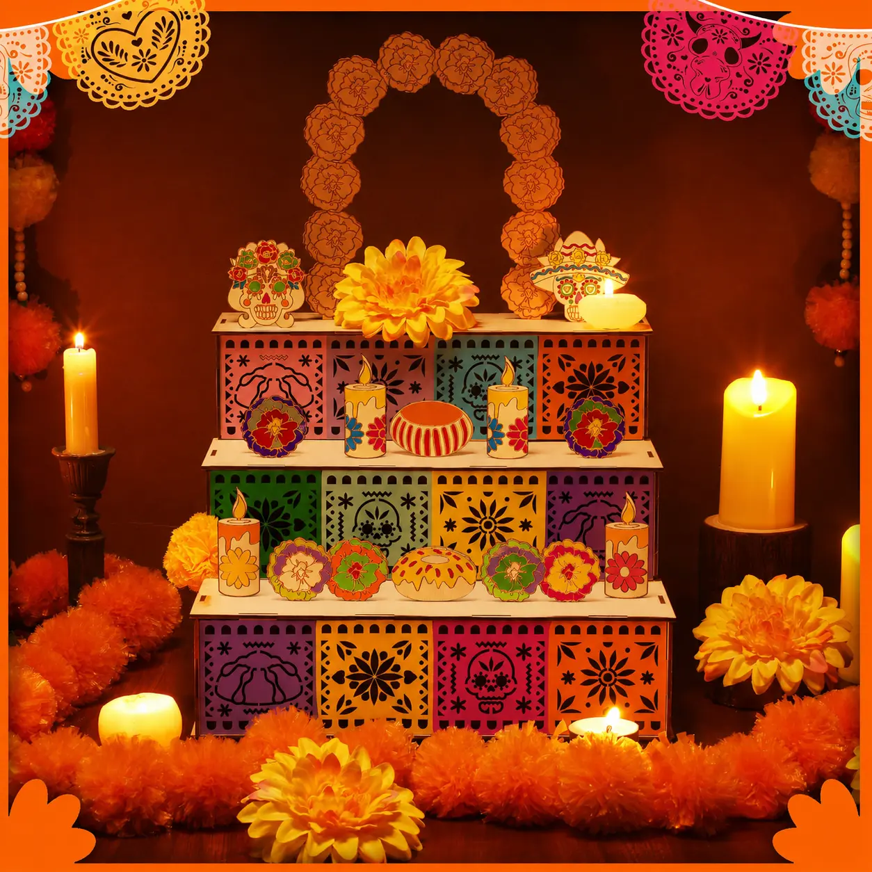 3-Tier Wooden Tiered Altar Display Set for Traditional Mexican Day of the Dead, Multicolor Marigolds, Skull Decor, Candle Holders, Papel Picado Pieces for Festive Decoration & Photo Setup