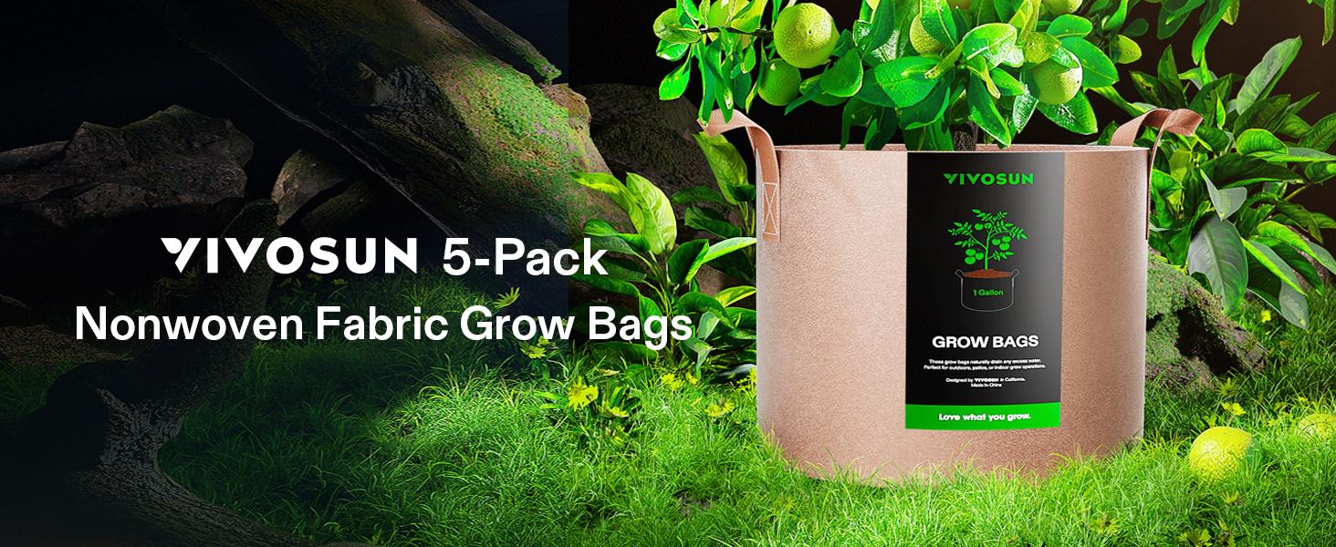 VIVOSUN 5-Pack Grow Bags Heavy Duty Thickened Nonwoven Fabric Pots with Strap Handles Tan