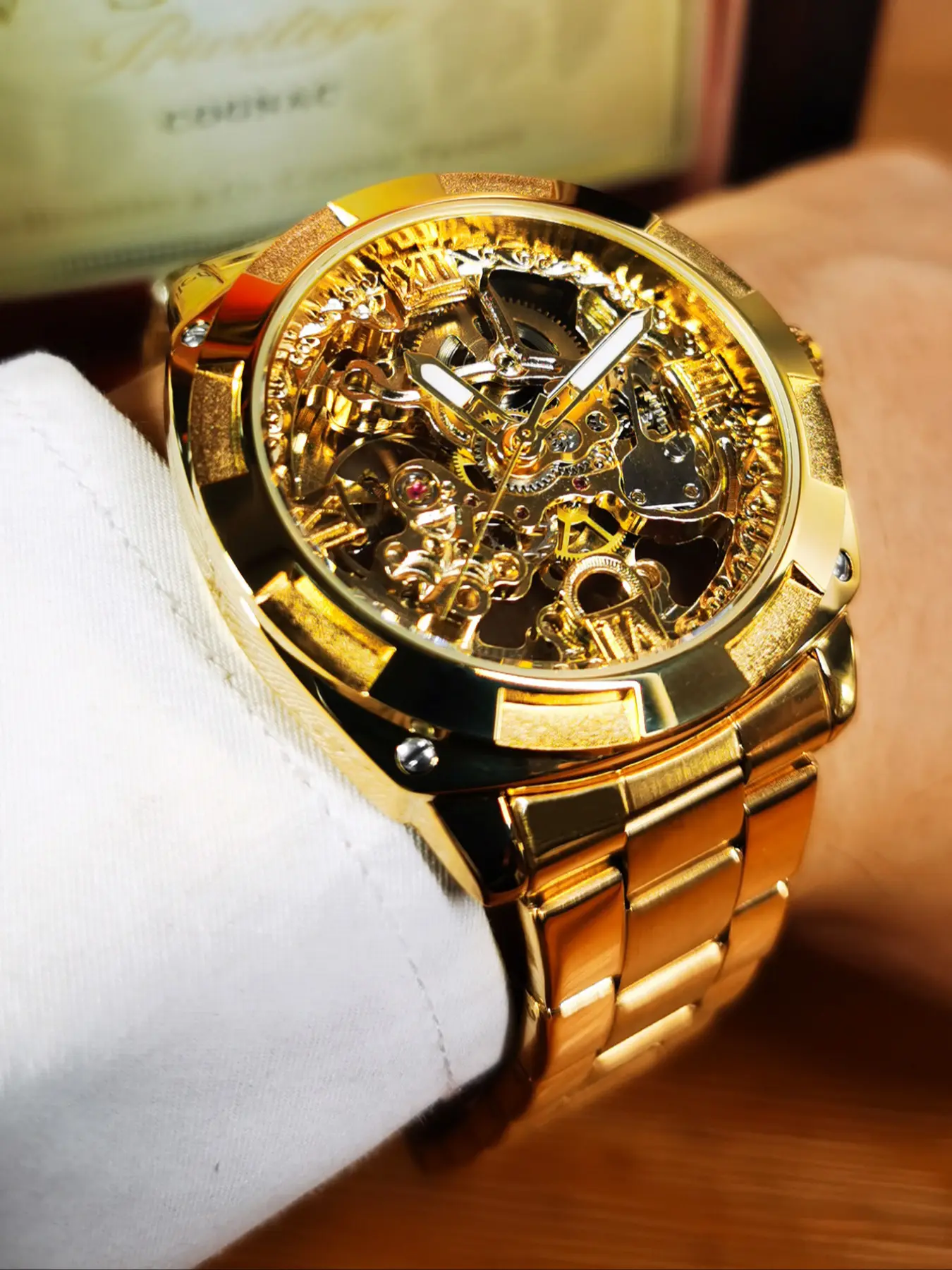 1Pc Luxury Skeleton Automatic Mechanical Watch for Men, Luminous Hands, Stainless Steel Strap, Business Casual Square Retro Design, Festival Gift with Box, Fashion Analog Watch