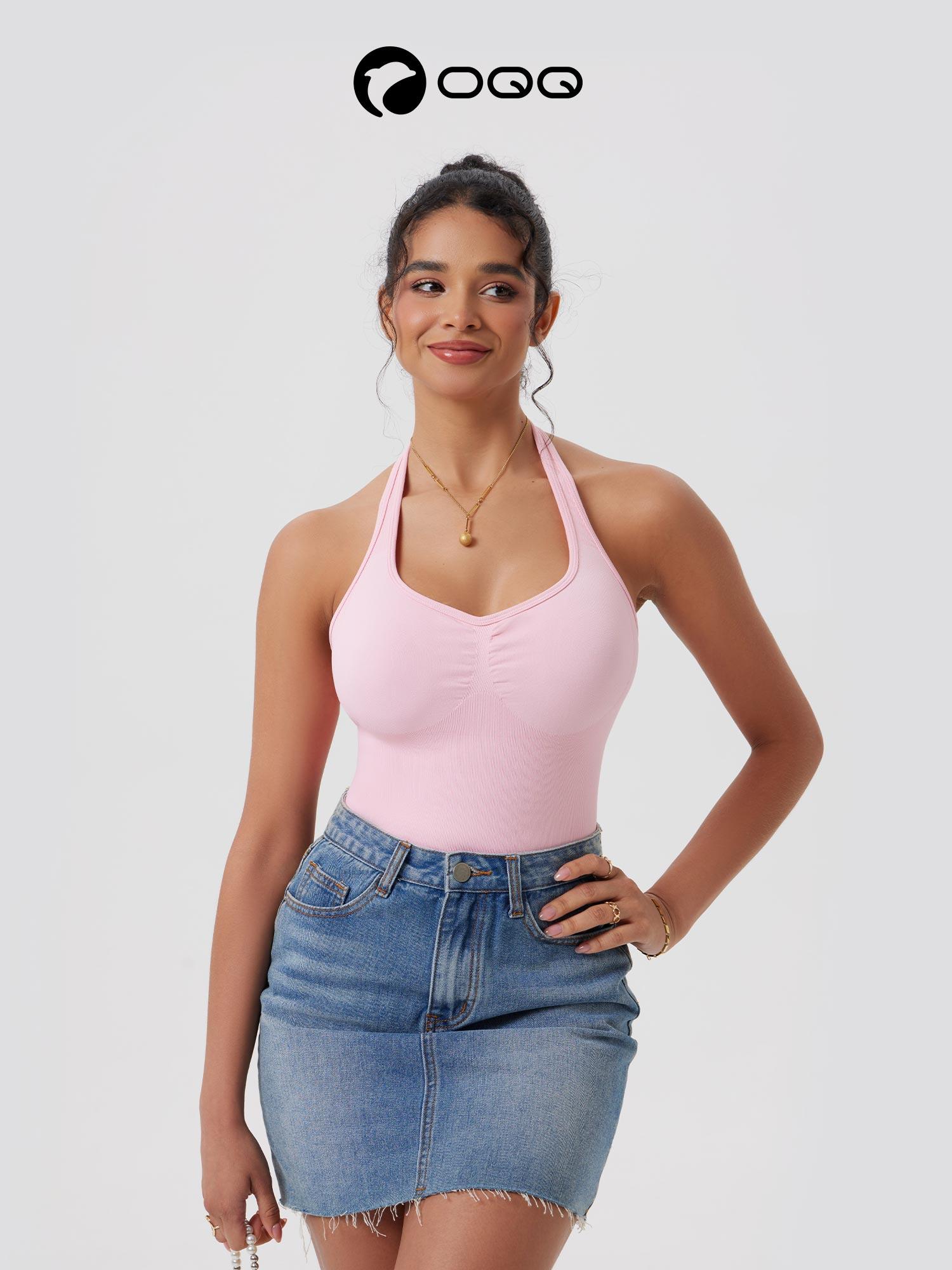 OQQfitness Womenswear Halter Neck Sexy Ribbed Backless Basic Sleeveless Cute Pleated Bodysuits Women for Gym Soft Wear Minimalist Comfortable Tops SpringStatements