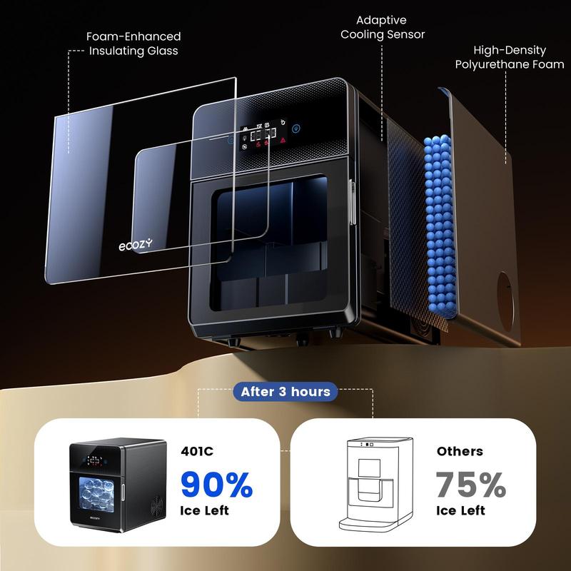ecozy 2 Inch Clear Ice Ball Maker with CrystalFlux Technology, 4 pcs in 40 Mins, 144 pcs/Day, Sphere Ice Maker with Enhanced Insulation, Automatic Water Supply, Self-Cleaning, Automatic Ice Ball Maker for Whiskey & Bourbon