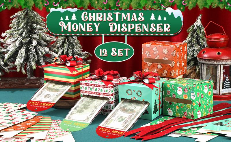Christmas Clearance Sale 12 Pcs Christmas Money Gift Box Cash Gift Envelopes for Cash Pop Up Cash Holder with Festive Bows Clear Seal Bags Santa Pattern for Friends Wives Sisters,DIY Surprise Merry Pull Box Kit Christmas Holiday Birthday Party Supplies
