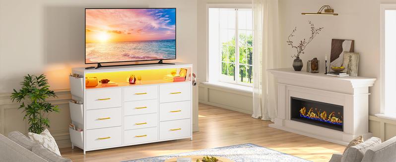 【#TikTokShopFallDealsForYou】Raybee 7/10 Drawer Dresser for Bedroom with Wood Open Shelves, 55" TV Stand with Power Outlets & LED Lights, Fabric & Chest of Drawers