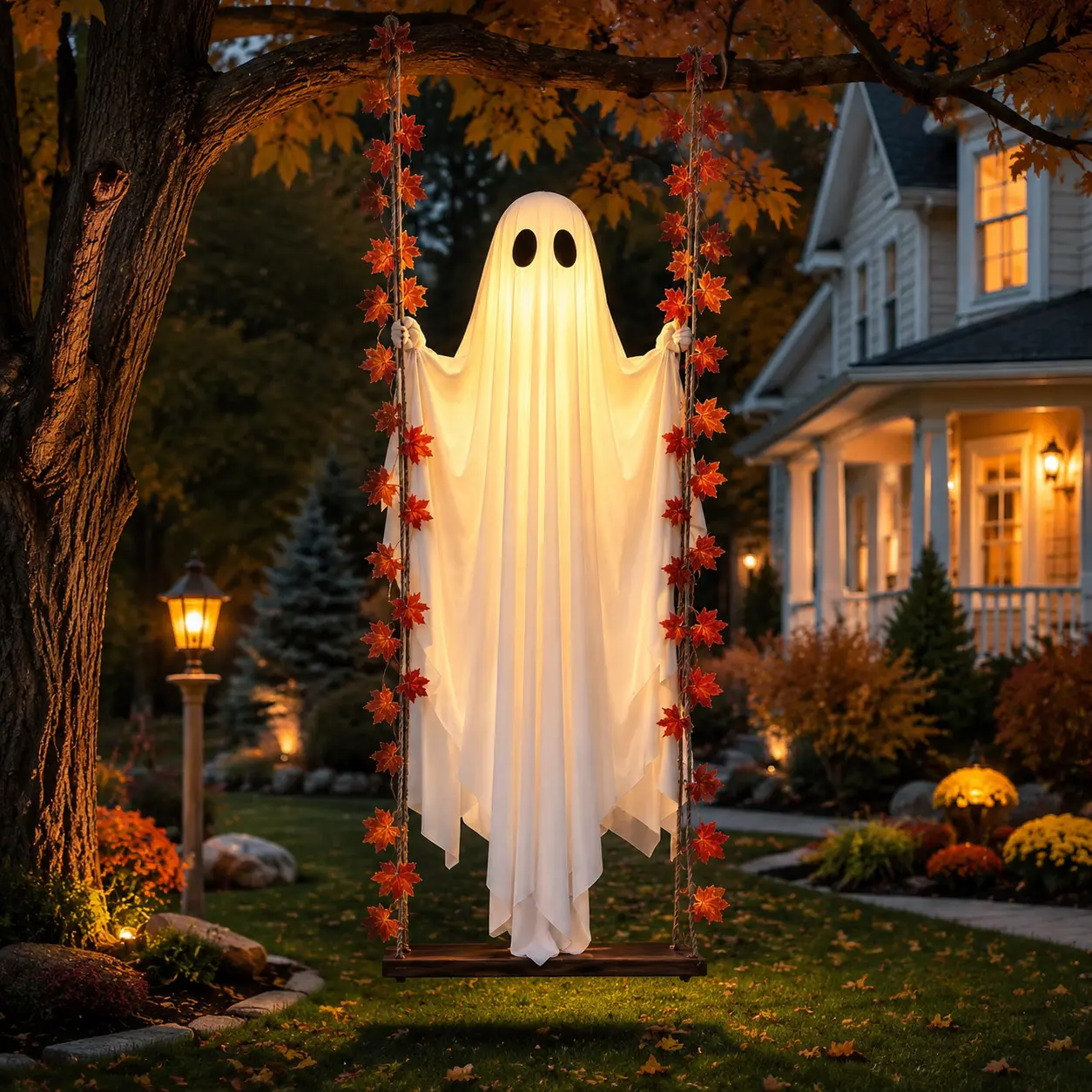 LED Glowing Swing Ghost Halloween Makeup Prop - Remote Control, 8 Lighting Modes, Outdoor Hanging Decor for Porch, Yd & Garden