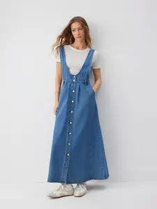 Cider Washed Denim Pinafore Maxi Dress With Metal Detail