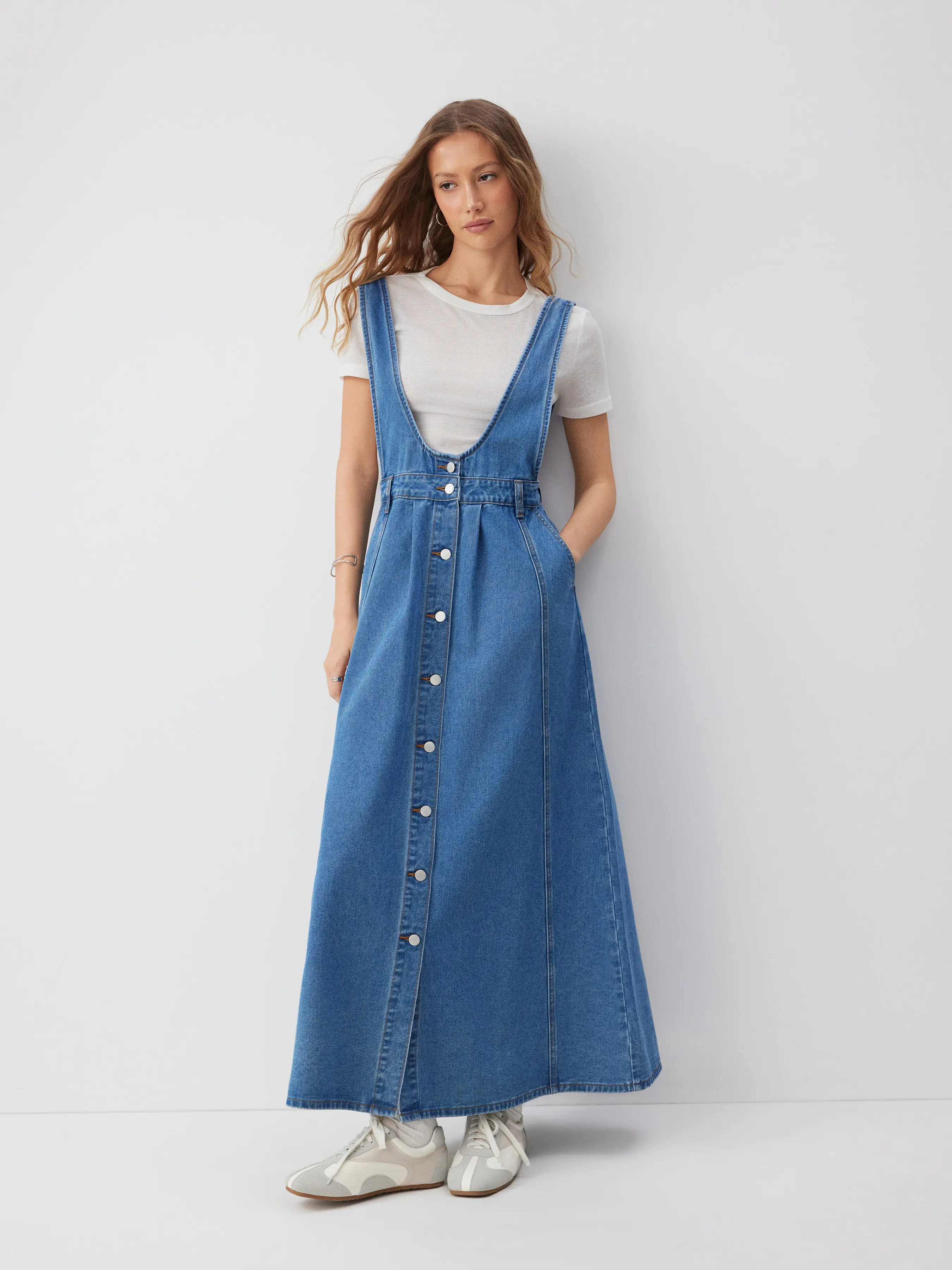 denim maxi pinafore dress Boho Denim Pinafore Maxi Dress Skirtall XXL Jumper Pockets Cottage