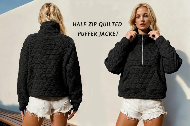 Tanming Women's Half Zip Quilted Puffer Jacket Long Sleeve Pullover Sweatshirt with Pocket Lightweight Fall Winter Casual Oversize Warm Outerwear TikTokShopBlackFriday