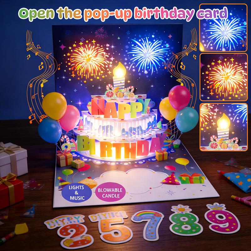 LED Light & Music 3D Pop-Up Birthday Card – Blowable Candle Interactive Greeting for Women, Men, Kids & All Occasions