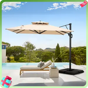 PHI VILLA 9ft X 12ft Cantilever Patio Umbrella with 360° Rotation, Heavy Duty Hydraulic Double Umbrella Windproof for Outdoor Use, Summer's Day