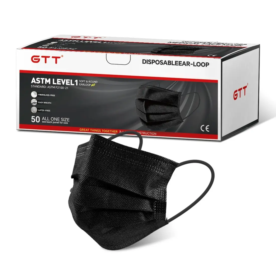 GTT Black Disposable Face Masks ASTM Level 1, 50 Pack, 3-Ply Breathable Ear-Loop Masks for Adults, All-Purpose Daily Use