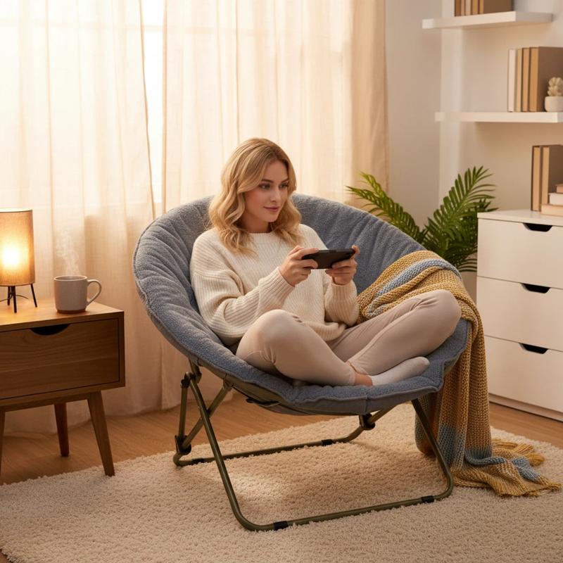 Moon Chair-Cloud-Soft Waffle Flannel Foldable Lazy Seat 300lbs Sturdy Steel Frame Triangular Structure Floor Friendly No Scratches Ideal for Dorms Small Apartments
