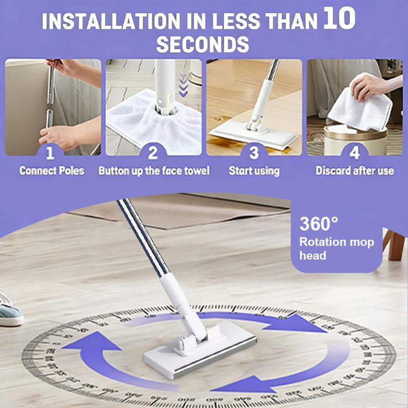 Adjustable Reusable Clamp Mop – 3-Piece Handle Up to 48”, Use Long or Short, Strong Grip for Paper Towels, Rags & Wet Wipes, No Refill Needed