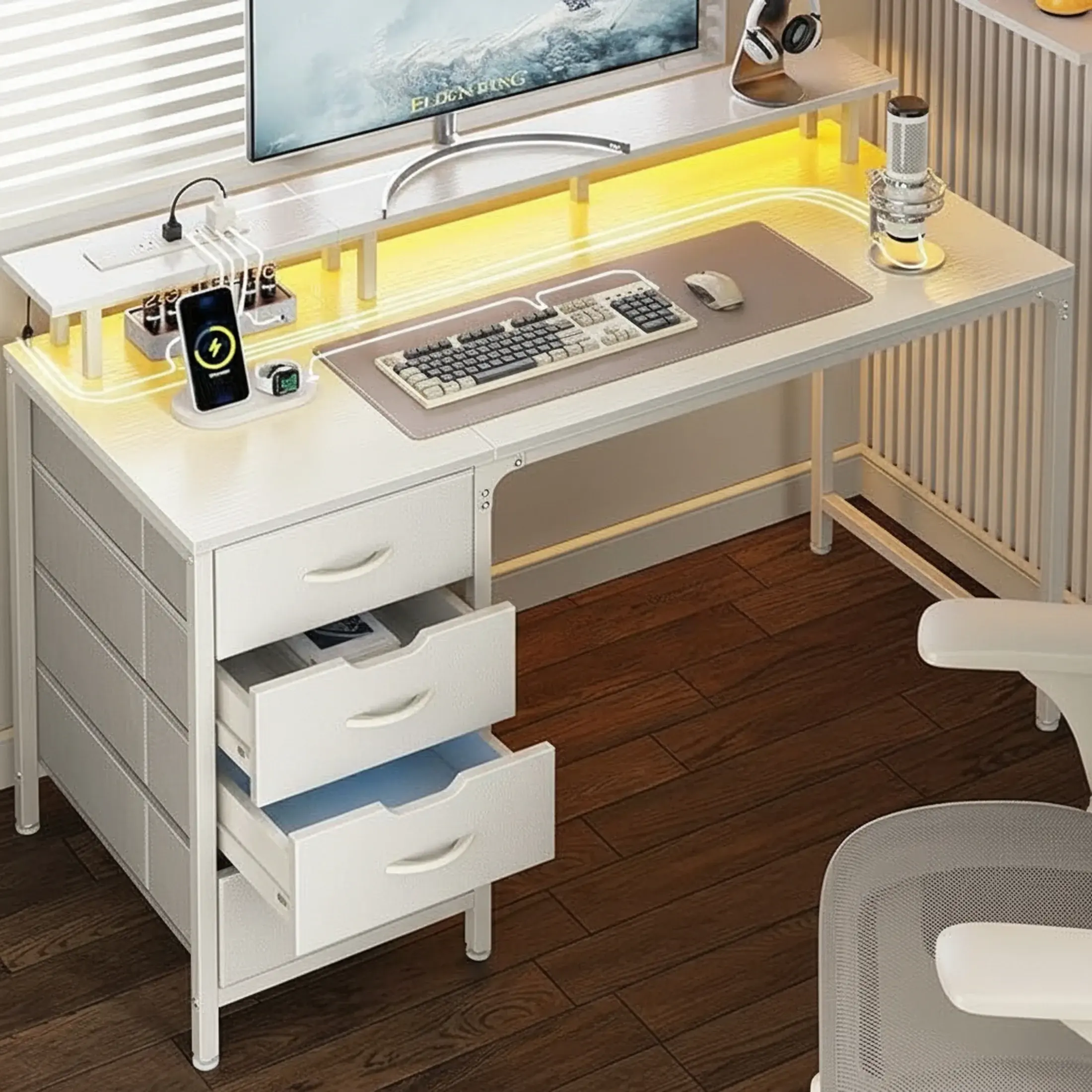 computer desk with a power socket and LED light, a game desk with four drawers, and an office desk with a monitor stand