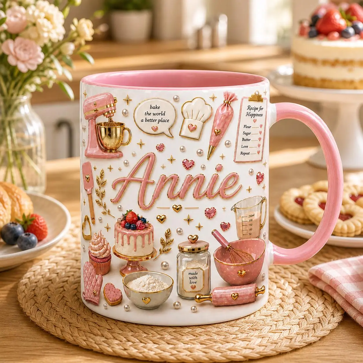 Custom Name Baking Accent Mug 2D Printed 3D Effect Coffee Cup, Love Cakes Design Ceramic Mug for Bakers Baking Moms, Cute Kitchen Keepsake, Sweet Gift Idea for Mother’s Day Birthday Appreciation Present