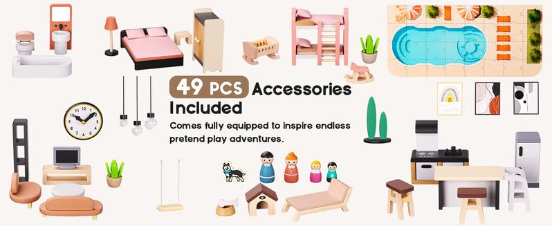 BIERUM Large Modern Wooden Dollhouse with 49Pcs Furniture, Dolls & Pets，DIY Puzzle Pool & Yard, Ideal Gift for Boys & Girls 3+