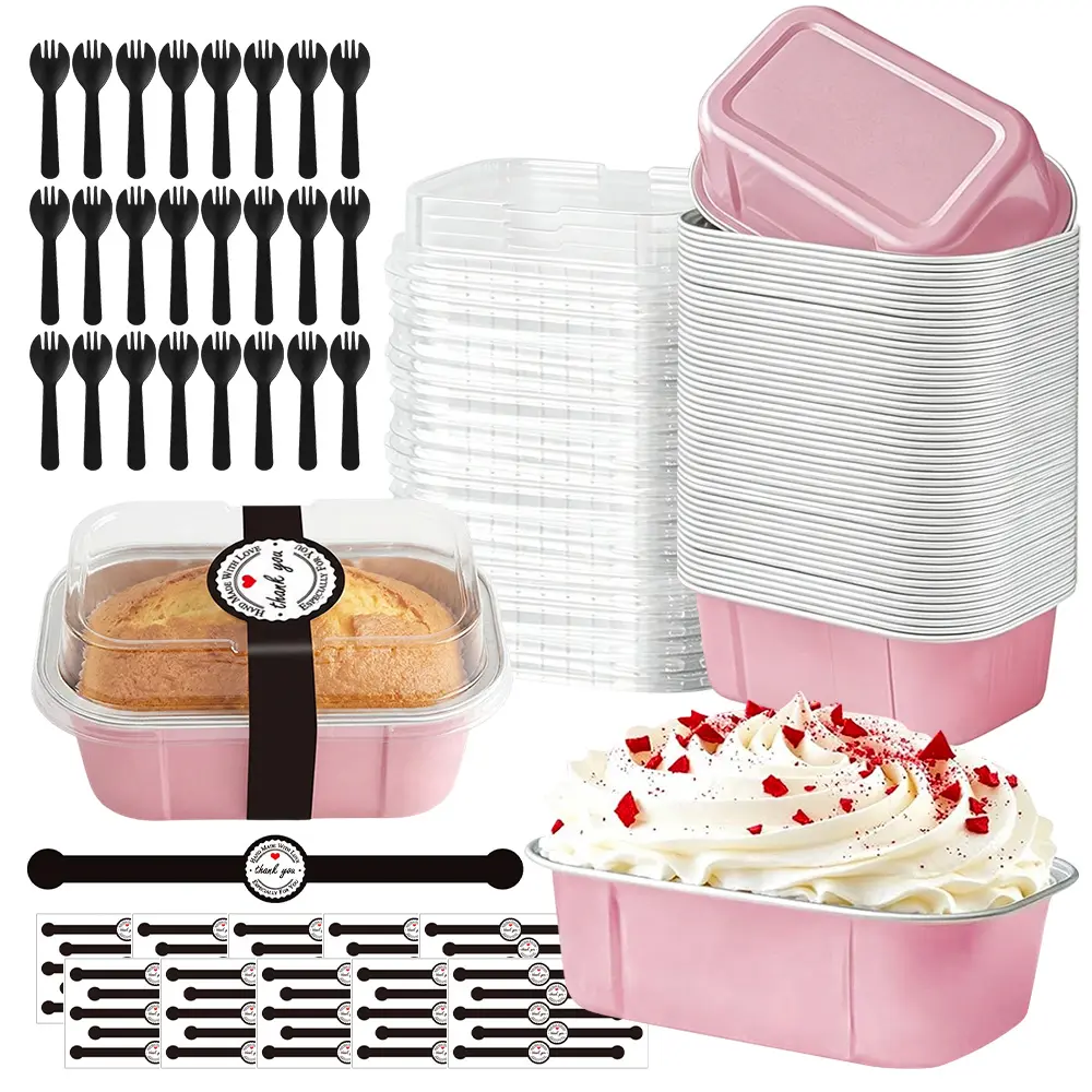 150-Pack 5.5oz Rectangle Mini Aluminum Foil Baked Cake Pans with Lids & Spoons, Disposable Individual Cups Baking Tool Utensils, Oven-Safe Portable Camp Kitchen Containers for Cheesecake Birthday Desserts