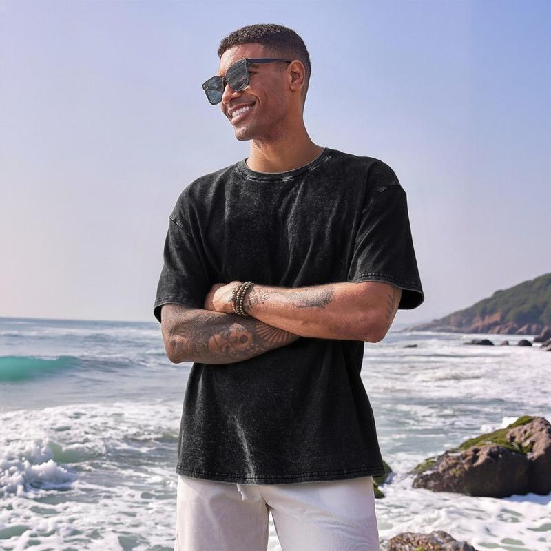 Alimen Mens Vintage Acid Washed T-Shirts Heavyweight Thick 100% Cotton Unisex Short Sleeve Baggy Streetwear Tee, Shape-Retaining Premium Look Non-Deformable Tshirts for Spring & Summer - No More Sagging & Deformation!