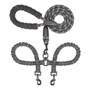 Pet Record Double Dog Leash, Dual Dog Leash, 360° Swivel Tangle Free Bungee Walking Training for Large Medium Dogs, Shock Absorbing Bungee Reflective for Two Dogs, 18~120 lbs, Black