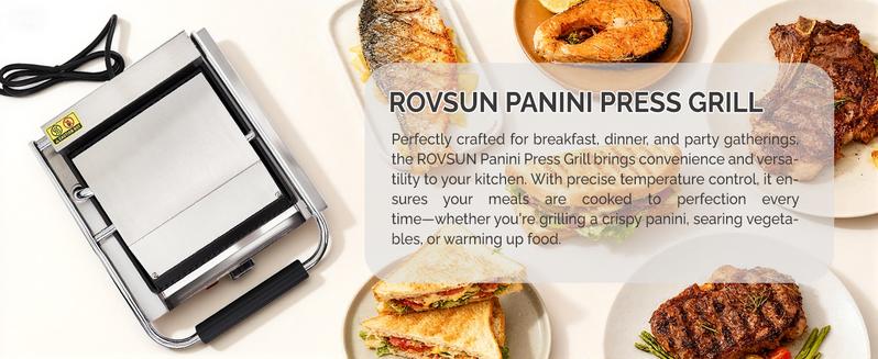 ROVSUN Commercial Panini Press Grill, Stainless Steel Electric Countertop Sandwich Maker with Adjustable Temp 122°F–572°F, For Steak, Burgers, Home & Restaurant Use, 110V, Silver