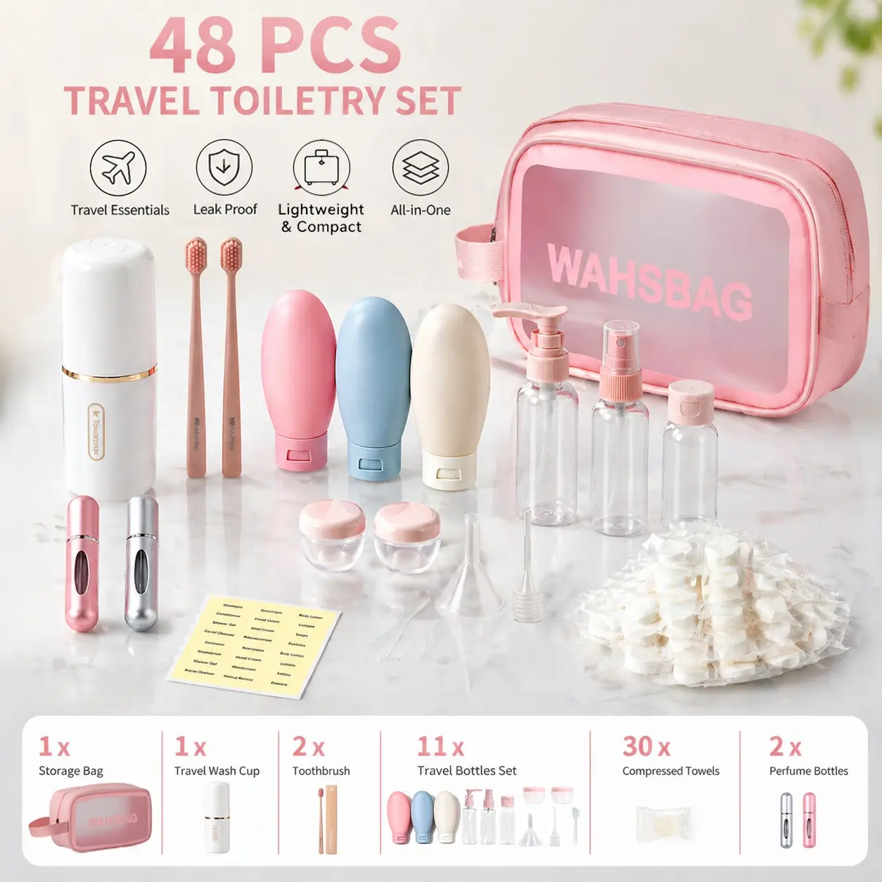 48-Piece Refillable Travel Bottle & Toiletry Set, Travel Bottle Kit, Cosmetic Organizer Bag & Holder, Includes Containers for Sprays, Lotions, Shampoo, Body Wash, Plus Compressed Towels, 3-in-1 Travel Wash Cup, Ideal for Travel, Business Trips, Camping