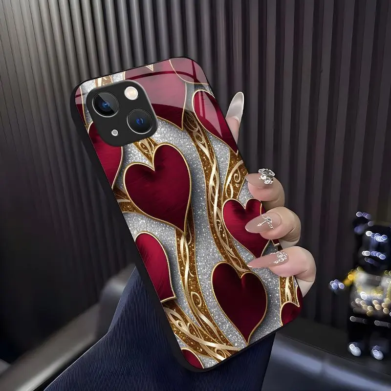 Luxurious romantic heart case for iPhone 15 Plus, elegant gold trim love pattern cover, best gift for her, anniversary, aesthetic phone accessory — 975