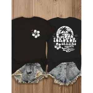 Forever Chasing Sunsets - Tropical Hibiscus Print T-Shirt for Summer Vibes | Women'S Casual Tee, Double-Sided Graphic | Trendy Vacation Wear, Beach Outfit, Festival Fashion | Soft & Comfortable, Maroon Color