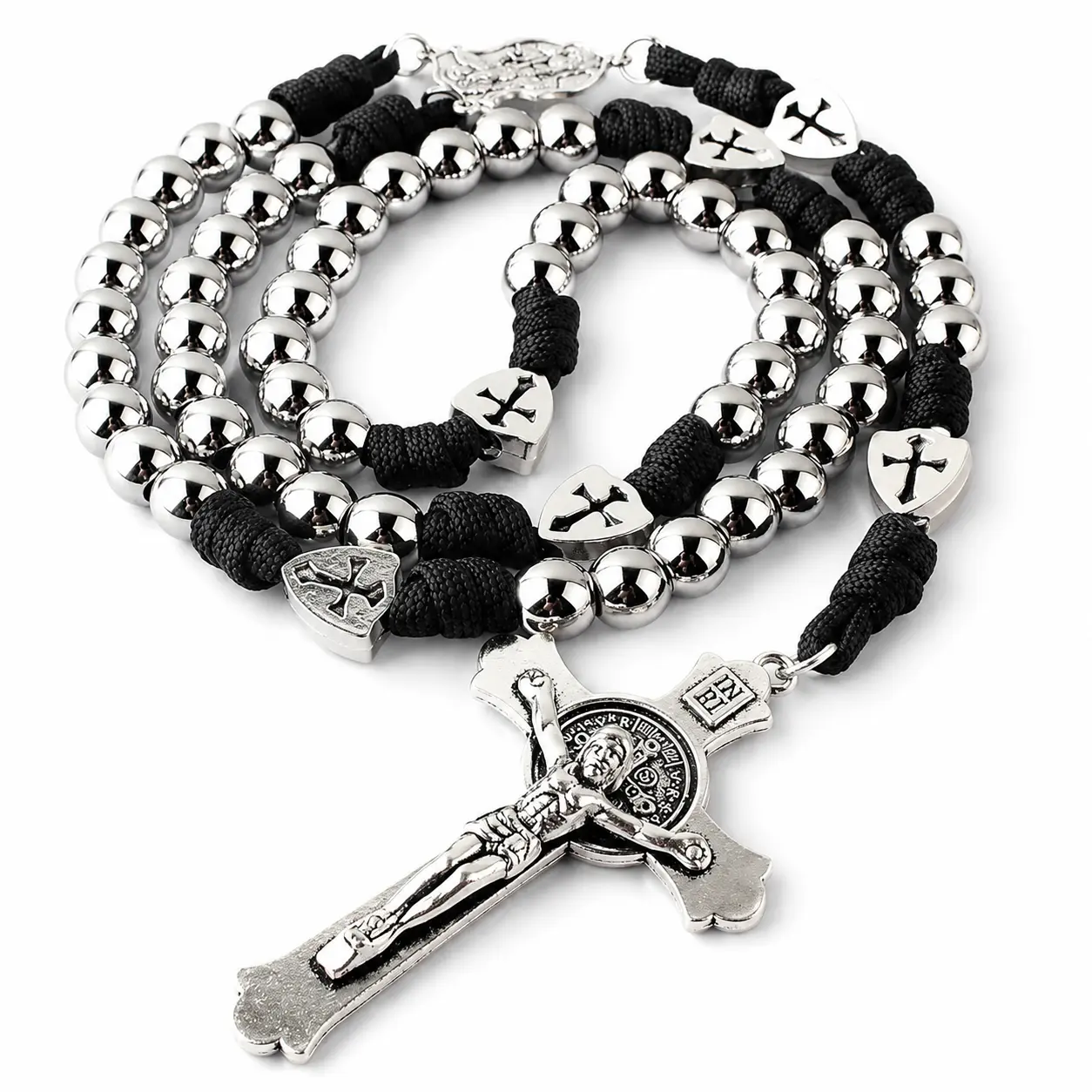 Men's Paracord Rosary Necklace with Crucifix Pendant, 52 cm Silver-Tone Beaded Polyester Prayer Beads, Christian Gift for Father's Day Cross Chain Design