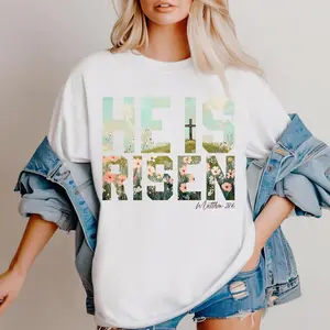 Faith Easter Day T-Shirt – He Is Risen Christian Graphic Tee, Matthew 28:6 Floral Cross Shirt for Women, Inspirational Bible Verse Religious Top