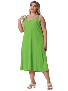 Agnes Orinda Women Plus Size Dress Summer Ring Strap Loose V Neck Sleeveless Sundresses Grass Green