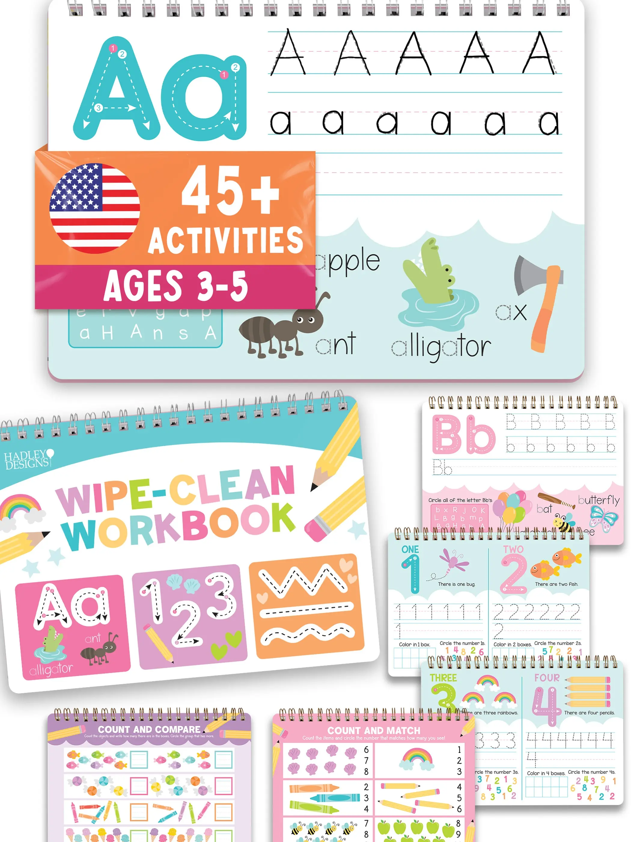 Hadley Designs Kids' Learn-to-Write Workbook for Ages 3-5 - Dry Erase ABC Letter Tracing Book for Toddlers & Preschoolers, 45+ Activities