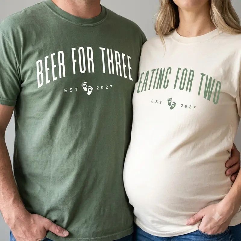 Personalized Eating For Two Beer for Three Pregnant Shirt, Matching Couple Announce Pregnant Tee, Funny Pregnancy Announcement Shirt, Baby Revealing Shirt Unisex