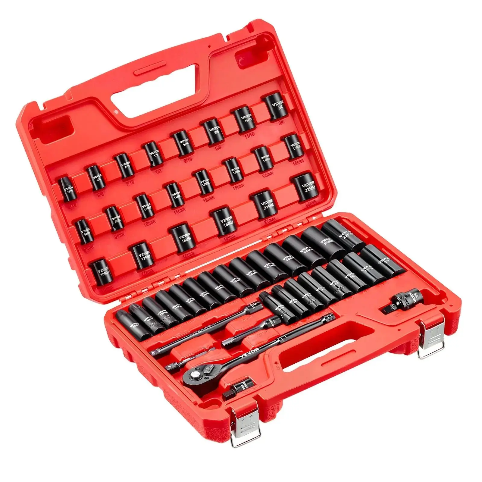 【DealsForYouDays】VEVOR 3/8 in Drive Impact Socket Kit, 50-Piece 6-Point Deep & Shallow Sockets, SAE (5/16 in to 3/4 in) & Metric (8 to 22 mm) Sizes, 3 in & 6 in Extension Bars, Cr-V Steel Construction, Included Carrying Case, 6-Point Socket Metric